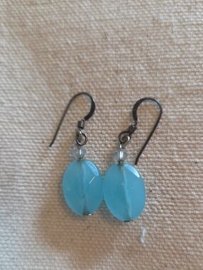 Light Blue Glass Drop Earrings w/ Faceted Crystal Accent